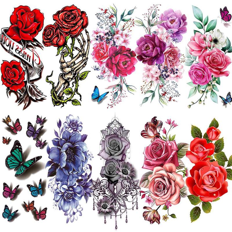 10pcs Peony Rose Pattern Temporary Tattoo Sticker, Creative Body Art Sticker, 3D Butterfly Flower Fake Tattoos For Women, Christmas Gift