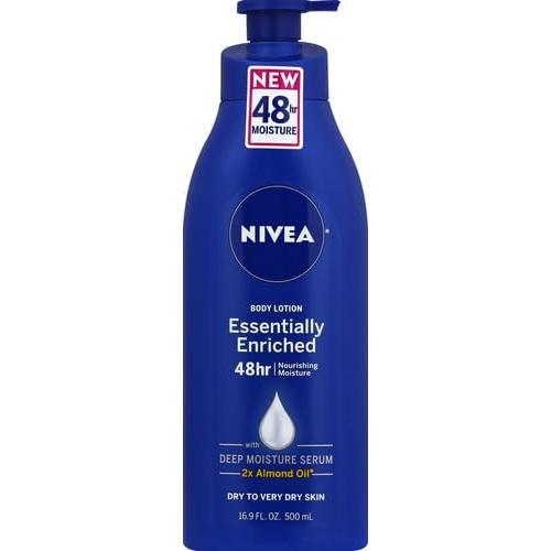 NIVEA Essentially Enriched Body Lotion for Dry Skin, 48-Hour Moisturizing Lotion with Deep Nourishing Serum and Almond Oil, 16.9 Fl Oz Pump Bottle