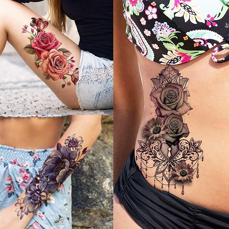 10pcs Peony Rose Pattern Temporary Tattoo Sticker, Creative Body Art Sticker, 3D Butterfly Flower Fake Tattoos For Women, Christmas Gift