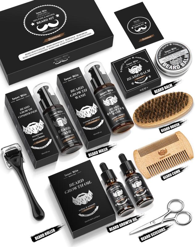 Beard Gift Kit for Men, Isner Mile Beard Grooming Kit, Beard Care Kit, Grooming & Trimming Tool Complete Set with Shampoo Wash, Beard Care Oil,  beard balm , Brush, Comb, Scissors & Storage Bag, Perfect Gifts for Him Men Dad Father Boyfriend H