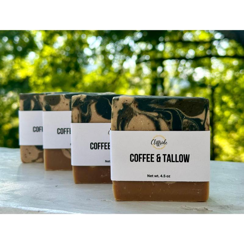 Coffee & Tallow Artisan  Bar Soaps made with real brewed coffee and contains coffee grinds made by Cliffside Soaps, LLC