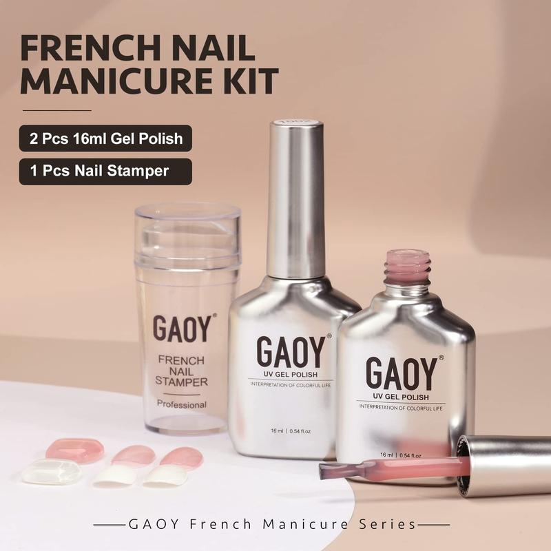 GAOY French Manicure Kit, Nail Stamper and 2Pcs Gel Nail Polish, Include Nude Jelly Pink White Colors for French Tip, UV Light Cure