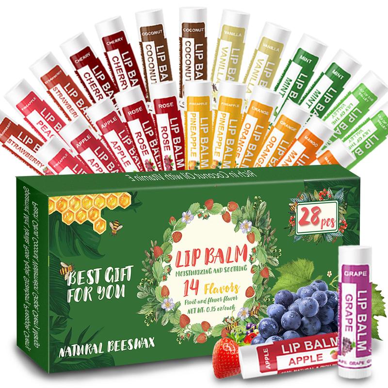 28 Pack Natural Lip Balm Bulk with Vitamin E and Coconut Oil - Moisturizing, Soothing, and Repairing Dry and Chapped Lips - 14 Flavors - Non-GMO Skincare Comfort