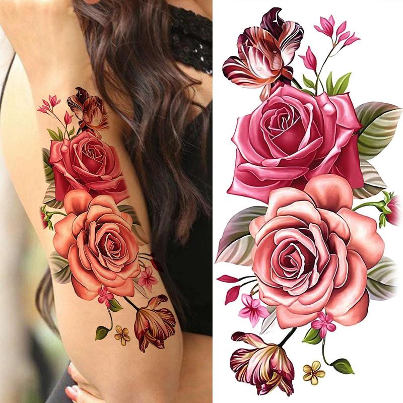 10pcs Peony Rose Pattern Temporary Tattoo Sticker, Creative Body Art Sticker, 3D Butterfly Flower Fake Tattoos For Women, Christmas Gift