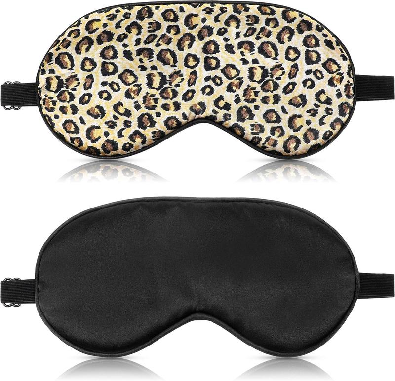 2 count Silk Sleeping Mask with Adjustable Strap-Silk Eye Mask Soft Eye Cover Blindfold Eyeshade with Leopard Print, for Blocking Out Lights Sweet Sleep Travel Relax, Nap, Meditation (Black)