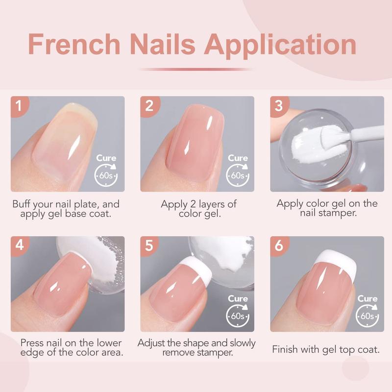 GAOY French Manicure Kit, Nail Stamper and 2Pcs Gel Nail Polish, Include Nude Jelly Pink White Colors for French Tip, UV Light Cure