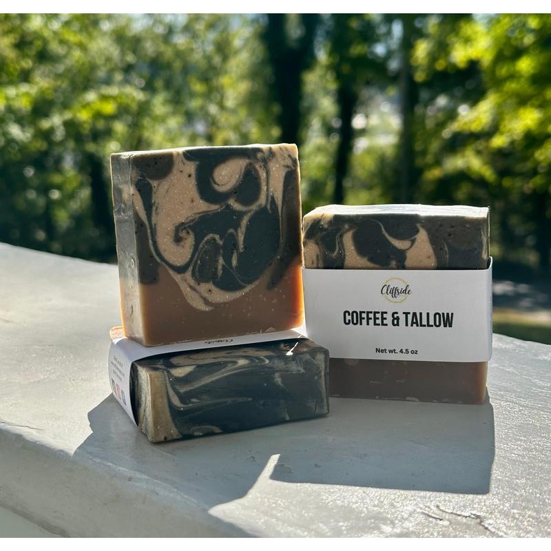 Coffee & Tallow Artisan  Bar Soaps made with real brewed coffee and contains coffee grinds made by Cliffside Soaps, LLC