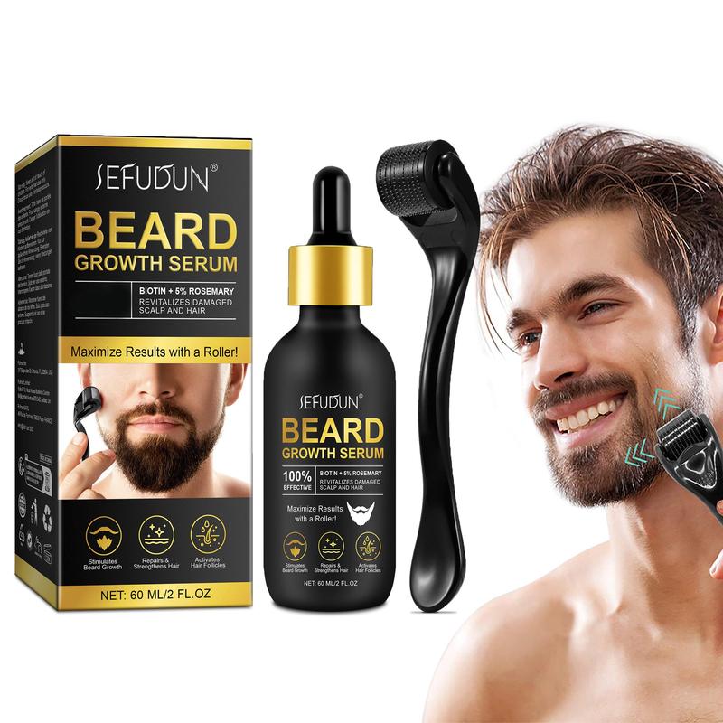 SEFUDUN Beard Essence Microneedle Set 60ml, Specially for Men's Care, Rich in Nourishing Ingredients, Make Beard Thicker, Used with Microneedle, Can Further Care for Beard, Daily Care, Maintain Beard Health