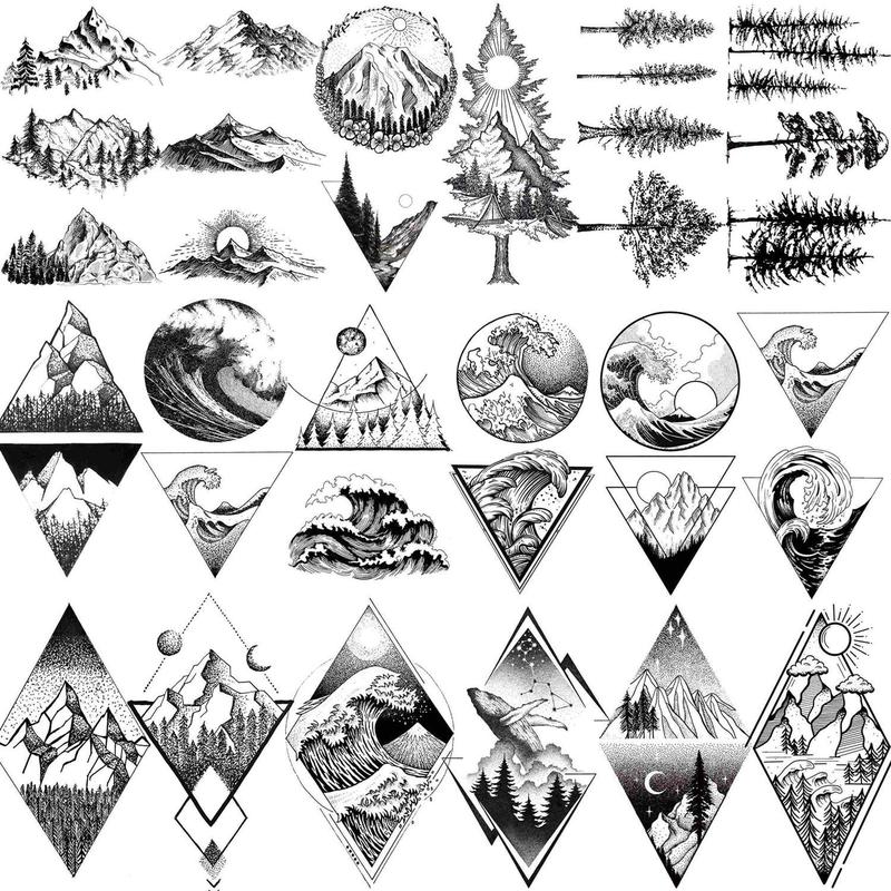 18pcs Small Geometry Tattoo Sticker, Mountain & Sea Wave Pattern Body Art Sticker, Temporary Tattoo Decal for Men & Women