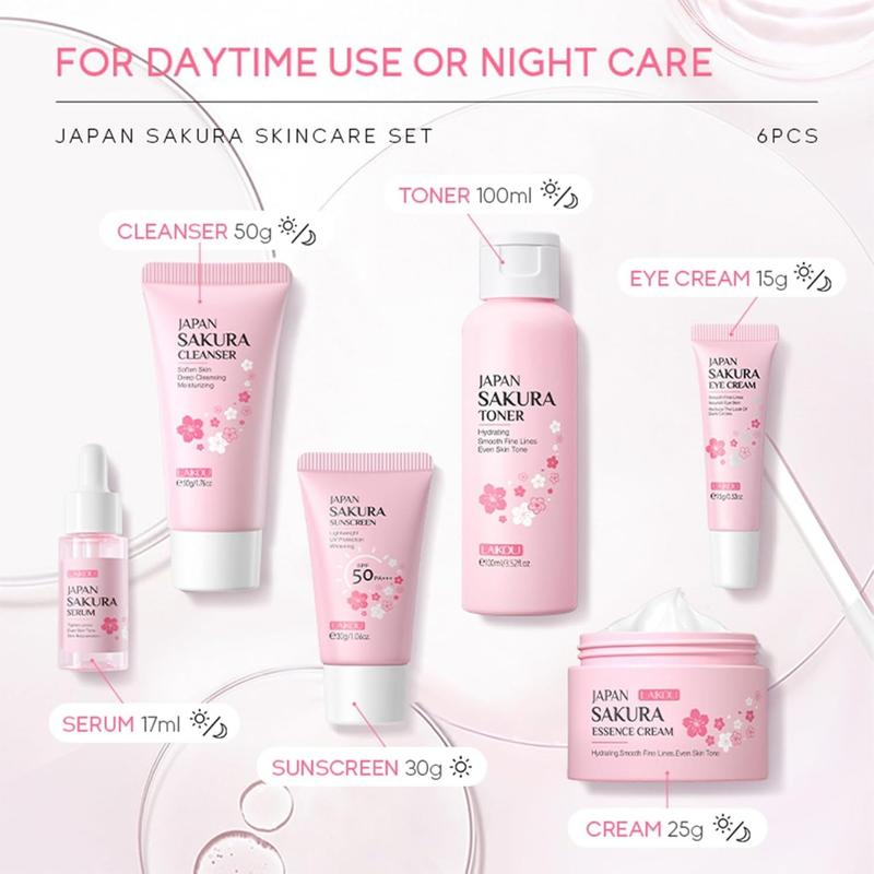 6-count Skin Care Set Sakura Skin Care Set,  Women Beauty Gift Sets Skin Care Kit with Cleanser, Toner, Lotion, Serum, Eye Cream, Face Cream Travel Kit for Women Teen Girls Mom Daughter Women'S Beauty Products, Daily Skin Care Travel Kit