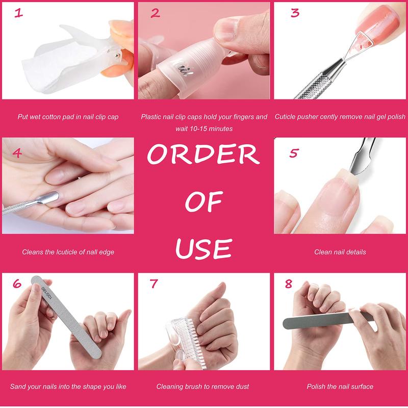 Gel Nail Polish Remover Tools Kit, with 10 Pcs Nail Clips, 400 Pcs Lint Free Nail Wipes, Nail Files 100 180, Buffer Block 400 4000, Nail Brush, Cuticle Pusher& Peeler (Clear)