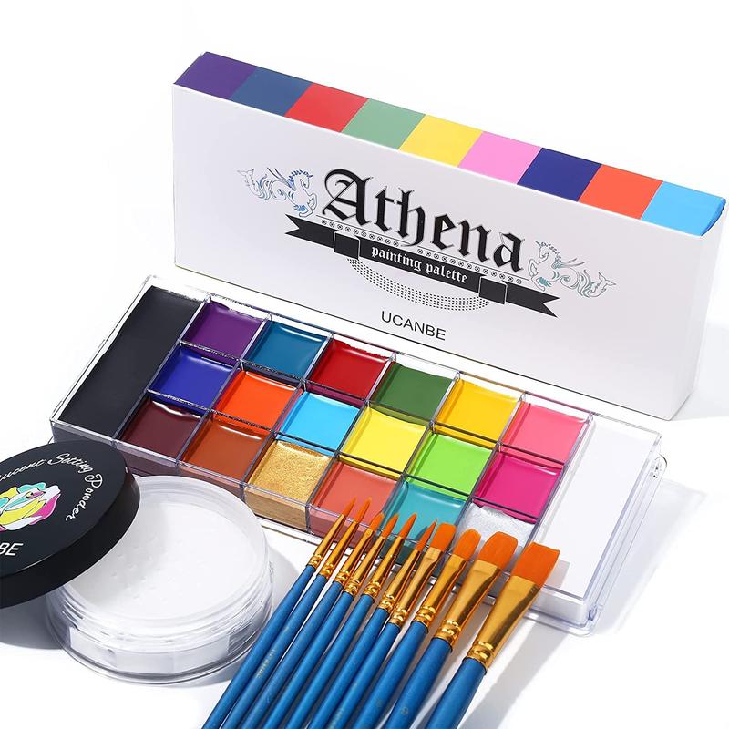 Athena Face Body Paint Oil Palette + Translucent Setting Powder + 10PCS Brushes Set, Professional Non Toxic Face Painting Pallet Kit for Halloween SFX Cosplay Clown Makeup for Women Adults