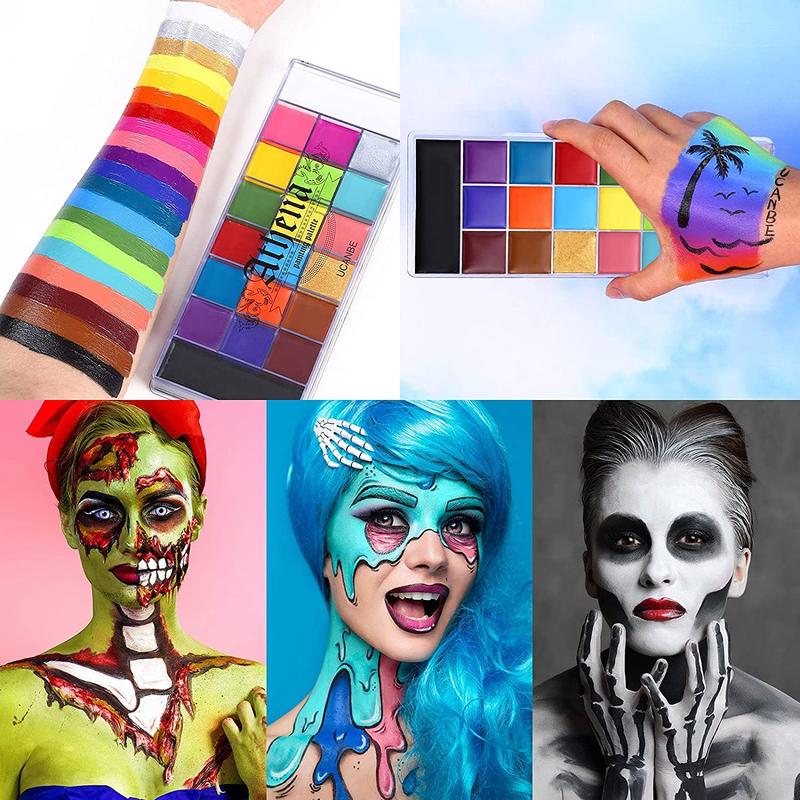 Athena Face Body Paint Oil Palette + Translucent Setting Powder + 10PCS Brushes Set, Professional Non Toxic Face Painting Pallet Kit for Halloween SFX Cosplay Clown Makeup for Women Adults