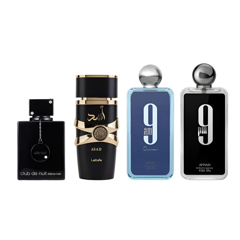 Lattafa - Armaf - Afnan | Asad + 9 AM Dive + 9 PM + Club de Nuit Intense Bundle | Men's Fragrances | 3.4 oz Per Bottle