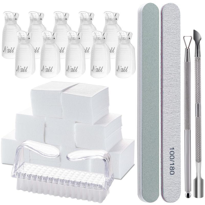 Gel Nail Polish Remover Tools Kit, with 10 Pcs Nail Clips, 400 Pcs Lint Free Nail Wipes, Nail Files 100 180, Buffer Block 400 4000, Nail Brush, Cuticle Pusher& Peeler (Clear)