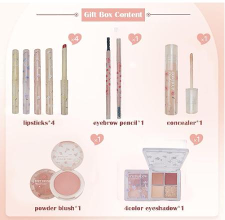 Makeup Kit for Women 8 Pieces Makeup Sets, 4 Color Lipsticks& Eyeshadow, Eyebrow Pencil, Concealer, Blush Palette 8Pcs Gift Box Makeup Bundle Value Set