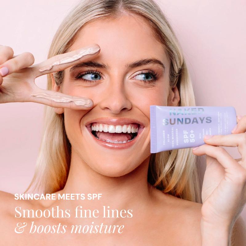 Naked Sundays SPF50+ Collagen Glow 100% Mineral Sunscreen Facial Skincare.”, Sheet Mineral SPF Tint, Watermelon extracts, Hydrating, Smoothing, priming, Vegan Moisturizing Sensitive Flawless Nourishing face spf