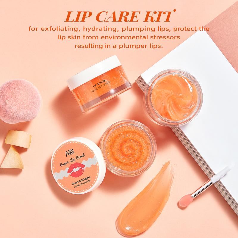 ANAiRUi Peach+Collagen Lip Care Kit - Lip Sleeping Mask & Lip Scrub - 12h Overnight Moisturizing Mask for Dry, Chapped Lips, Skincare Therapy Set