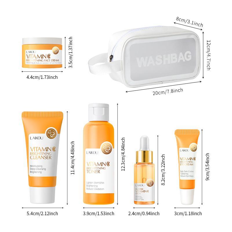 Summer Vitamin C Brightening Skincare Kit, Including 17ml Vitamin C Serum, Moisturizing Face Cream, Facial Cleanser, Eye Cream & Cosmetics Bag