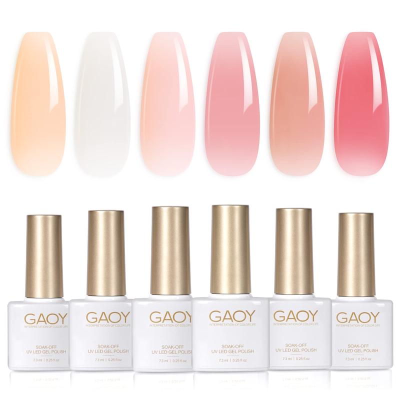 GAOY UV Gel Nail Polish Set Milky White x Jelly Nude, 6 Transparent Colors Sheer Pink Orange Gel Nail Kit for Salon Gel Manicure and Nail Art DIY at Home