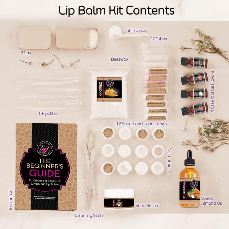 DIY Lip Balm Making Kit with Natural Beeswax, Shea Butter, Sweet Almond Oil, Essential Oils, Tubes, Jars, Instruction Manual & More Skincare Nourishing