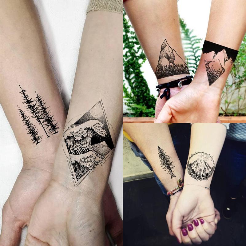 18pcs Small Geometry Tattoo Sticker, Mountain & Sea Wave Pattern Body Art Sticker, Temporary Tattoo Decal for Men & Women