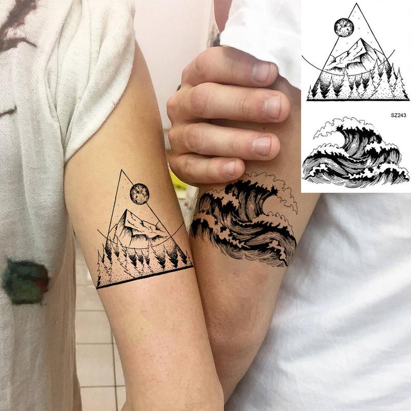 18pcs Small Geometry Tattoo Sticker, Mountain & Sea Wave Pattern Body Art Sticker, Temporary Tattoo Decal for Men & Women