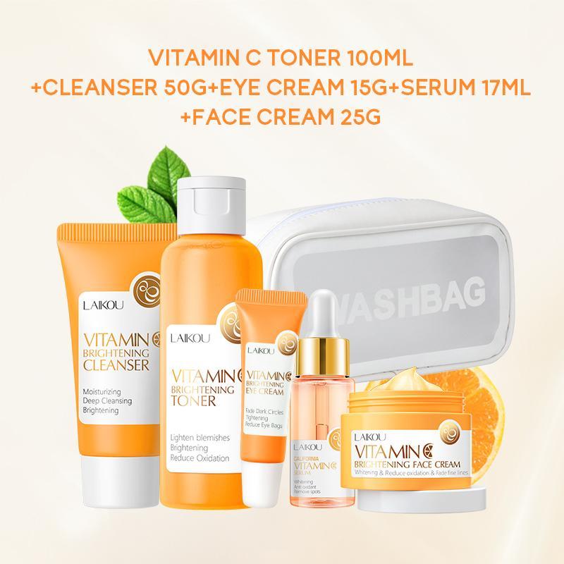 Summer Vitamin C Brightening Skincare Kit, Including 17ml Vitamin C Serum, Moisturizing Face Cream, Facial Cleanser, Eye Cream & Cosmetics Bag