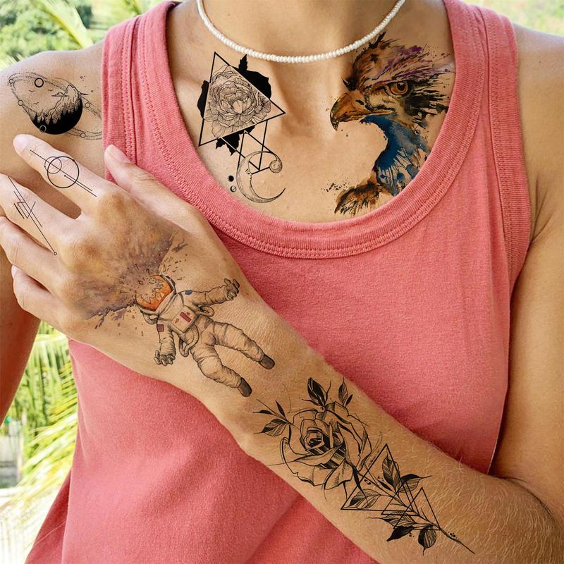 Space & Animal Pattern Long Lasting Temporary Tattoo, 16pcs set Body Art Fake Tattoo Sticker, Realistic Beauty & Personal Care Tattoo for Women & Men