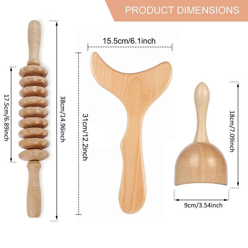 Wooden Massage Tool Set with Storage Bag, 3 Counts set Manual Massage Tool for Whole Body, Body Massage Tool for Home & Office Use