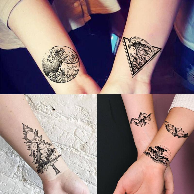 18pcs Small Geometry Tattoo Sticker, Mountain & Sea Wave Pattern Body Art Sticker, Temporary Tattoo Decal for Men & Women