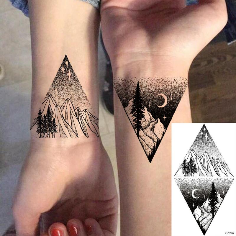 18pcs Small Geometry Tattoo Sticker, Mountain & Sea Wave Pattern Body Art Sticker, Temporary Tattoo Decal for Men & Women