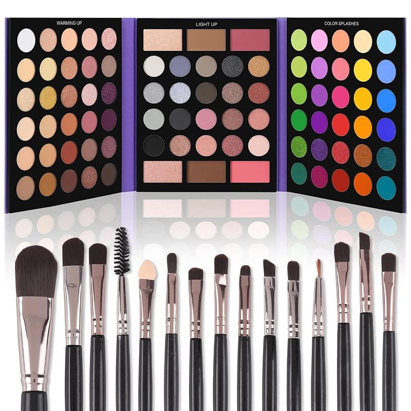 Eyeshadow Palette with 15Pcs Brushes Makeup Set, Pigmented 86 Colors Make Up Sets Valentine's Day Gift,  Shimmer Glitter Eye Shadow Pallet Highlighter Contour Blush Powder Brush Beauty Kit