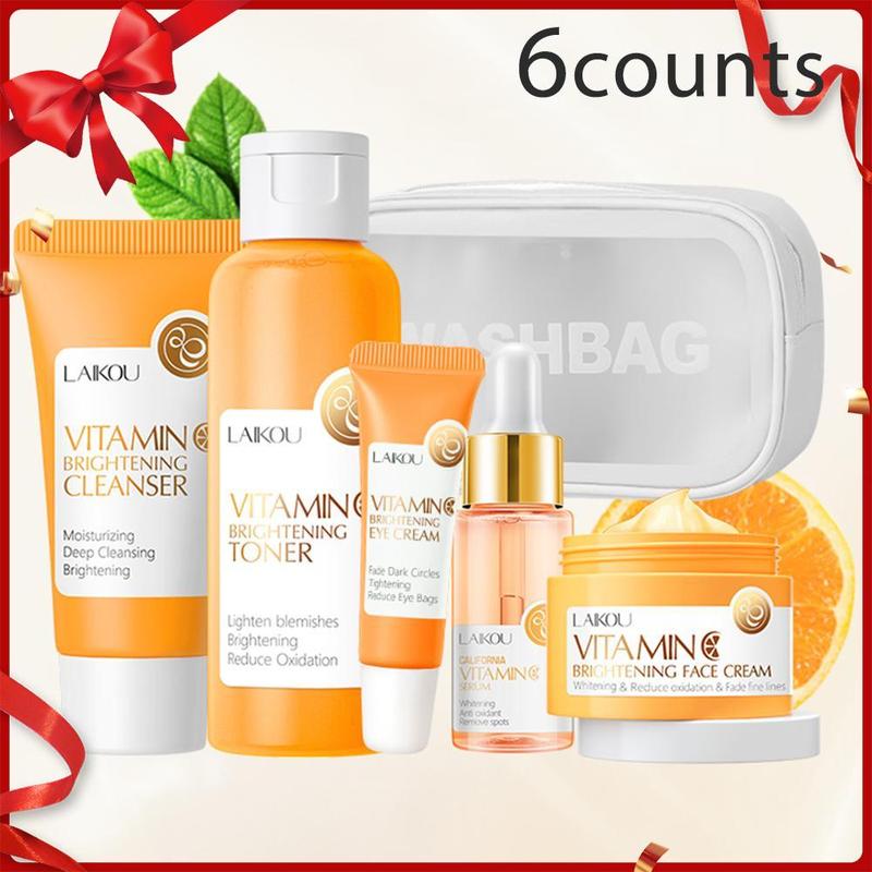 Summer Vitamin C Brightening Skincare Kit, Including 17ml Vitamin C Serum, Moisturizing Face Cream, Facial Cleanser, Eye Cream & Cosmetics Bag