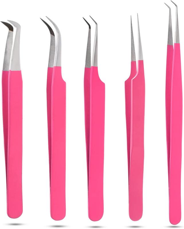 My Lash Tools - Fiber Tip Lash Tweezers for Eyelash Extensions Professional SET OF 3 Volume Boot, Isolation, & Curved Tweezers set  Steel Lash Extension Supplies (Matte Pink Set 2) Makeup Stainless