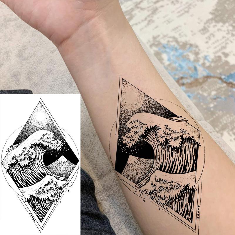 18pcs Small Geometry Tattoo Sticker, Mountain & Sea Wave Pattern Body Art Sticker, Temporary Tattoo Decal for Men & Women