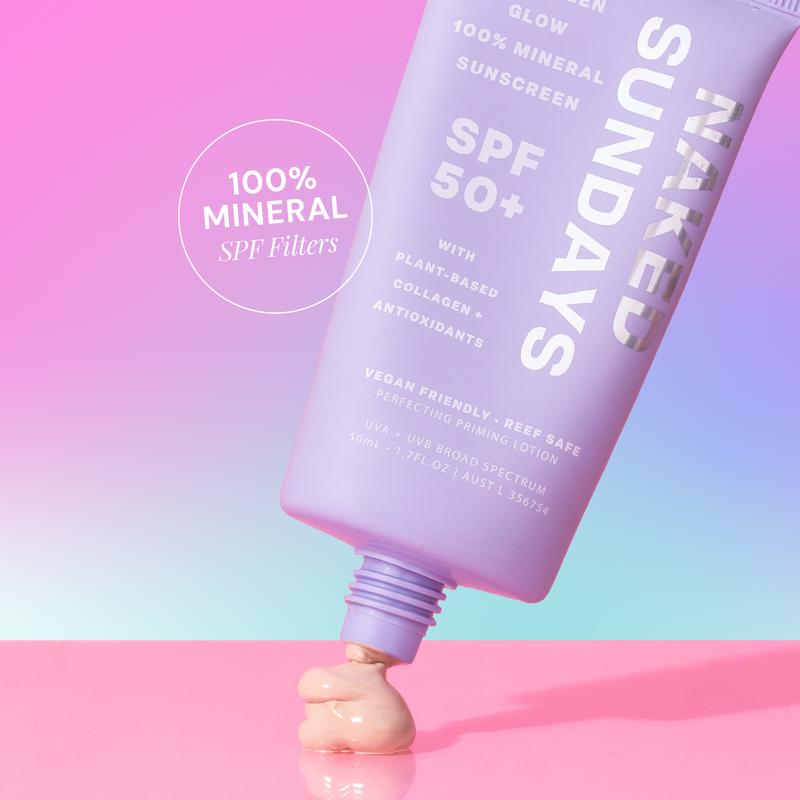 Naked Sundays SPF50+ Collagen Glow 100% Mineral Sunscreen Facial Skincare.”, Sheet Mineral SPF Tint, Watermelon extracts, Hydrating, Smoothing, priming, Vegan Moisturizing Sensitive Flawless Nourishing face spf