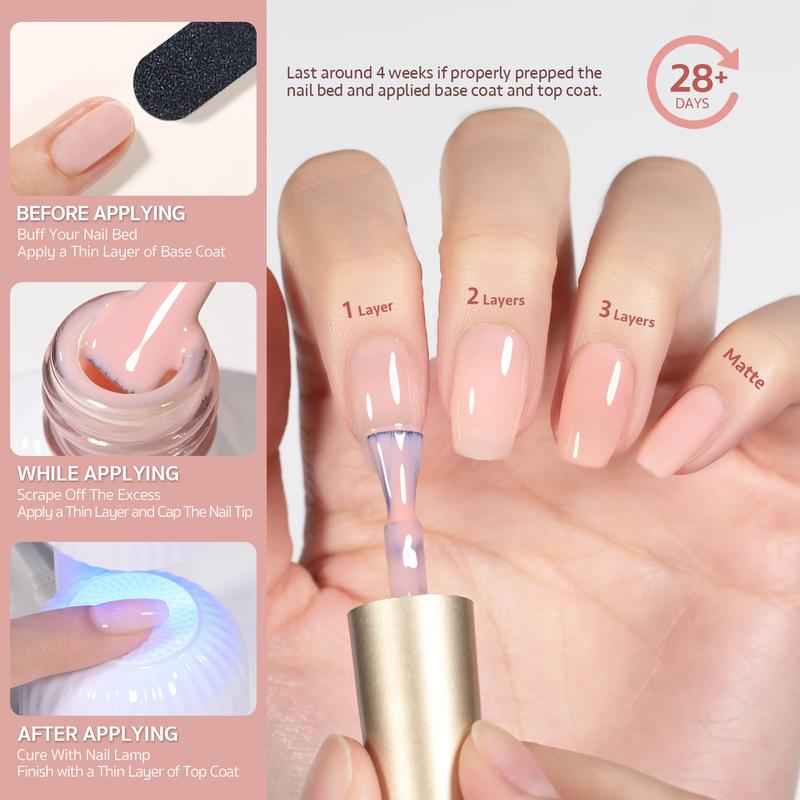 GAOY UV Gel Nail Polish Set Milky White x Jelly Nude, 6 Transparent Colors Sheer Pink Orange Gel Nail Kit for Salon Gel Manicure and Nail Art DIY at Home