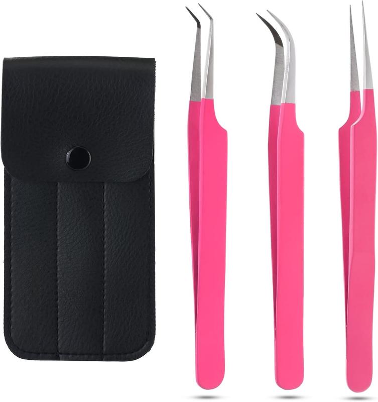 My Lash Tools - Fiber Tip Lash Tweezers for Eyelash Extensions Professional SET OF 3 Volume Boot, Isolation, & Curved Tweezers set  Steel Lash Extension Supplies (Matte Pink Set 2) Makeup Stainless