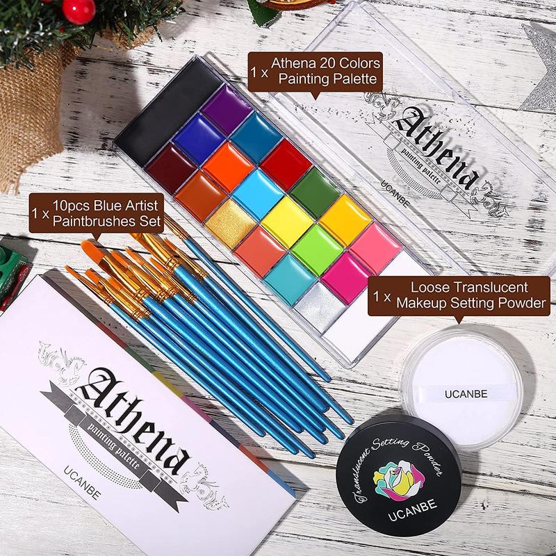 Athena Face Body Paint Oil Palette + Translucent Setting Powder + 10PCS Brushes Set, Professional Non Toxic Face Painting Pallet Kit for Halloween SFX Cosplay Clown Makeup for Women Adults