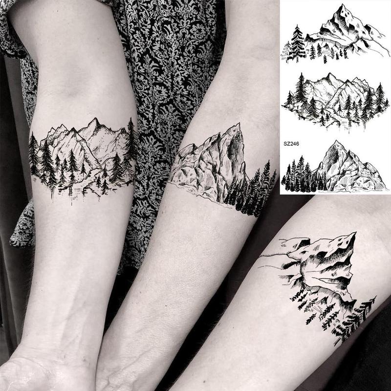 18pcs Small Geometry Tattoo Sticker, Mountain & Sea Wave Pattern Body Art Sticker, Temporary Tattoo Decal for Men & Women