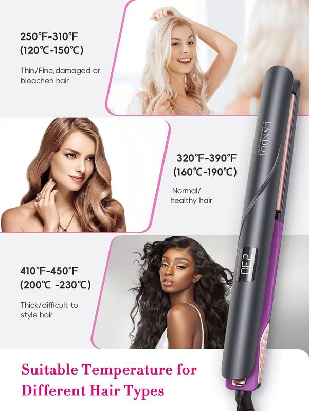 Straightener and Curler 2 in 1 - Landot Professional Ceramic Straightening Curling Iron for Straighten Curl Wave Hair - Dual Voltage 12 Digital Heat Settings Smooth Adjustable