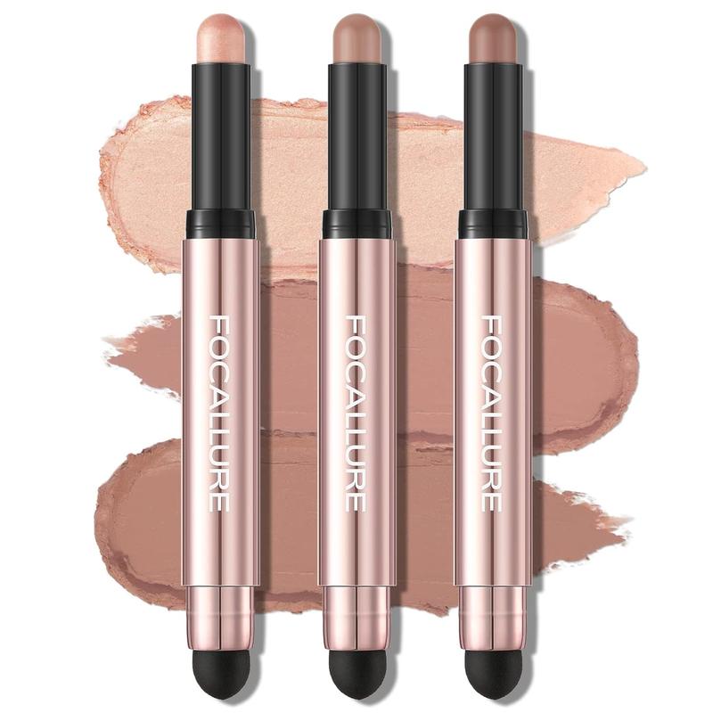 FOCALLURE 3 Pcs No Crease Eyeshadow Sticks,Shimmer & Matte Eye Shadow Crayon with Blending Brush,Smooth Cream Highlighter Pen,Long Lasting Waterproof Eyeshadow Brightener Stick Makeup