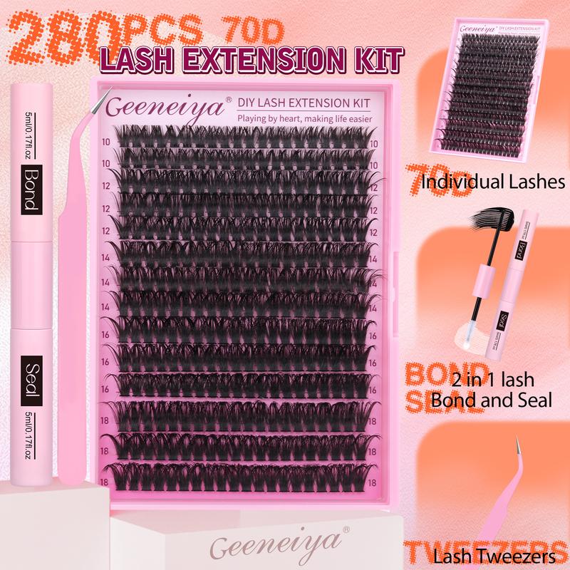 Geeneiya 70D Volume Lash Clusters Kit D Curl Lash Extension Kit Natural Eyelash Extension Kit with Waterproof Lash Bond and Seal, Lash Tweezers, DIY at Home Easily (0.05D)