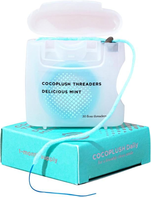 Cocofloss CocoPlush Threaders, Dental Floss for Implants, Bridges, and Braces, Mint, Waxed, Dentist-Designed Oral Care with Coconut Oil, 30 Per Pack