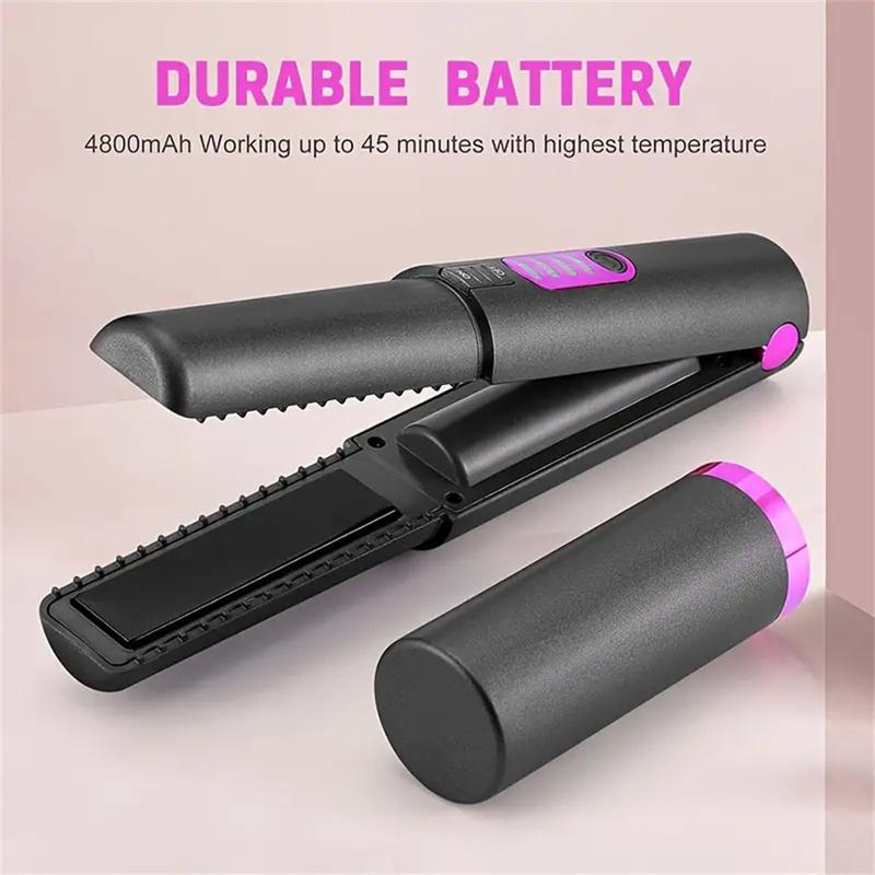 Women Cordless Hair Straightener and Curler 2 in 1, Mini Curling Iron Straightener Combo with 4800mAh Battery, Portable Ceramic Flat Iron for Travel, USB-C Rechargeable, 15s Fast Heating, Gray Black