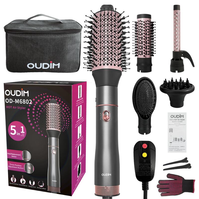 5 in 1 Hair Dryer Brush Blow Dryer Brush Set, Hot Air Styler with Multiple Lengths Suitable for Variable Needs for Hair Curling, 3 Temperature and Wind Settings, Travel Bag