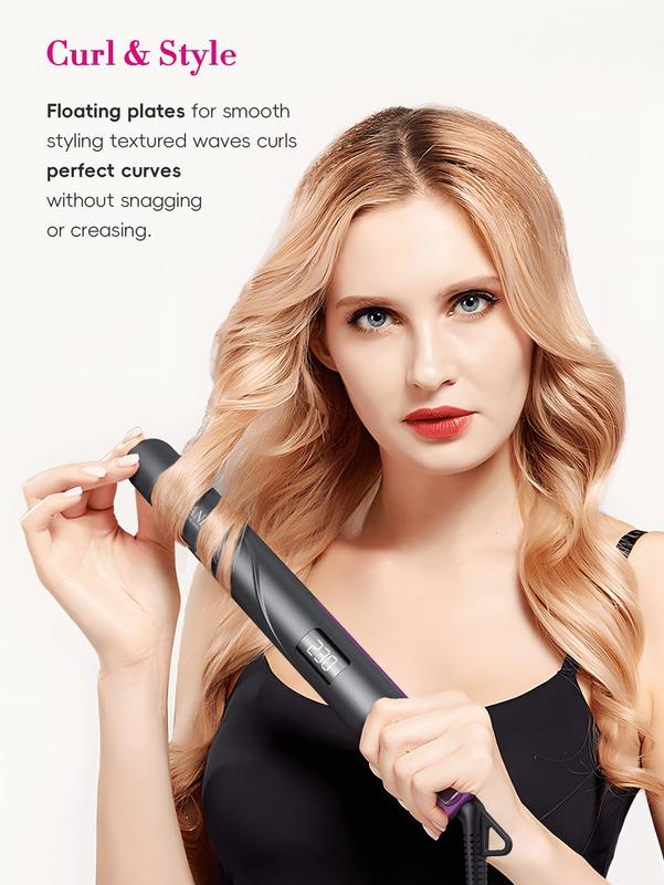 Straightener and Curler 2 in 1 - Landot Professional Ceramic Straightening Curling Iron for Straighten Curl Wave Hair - Dual Voltage 12 Digital Heat Settings Smooth Adjustable