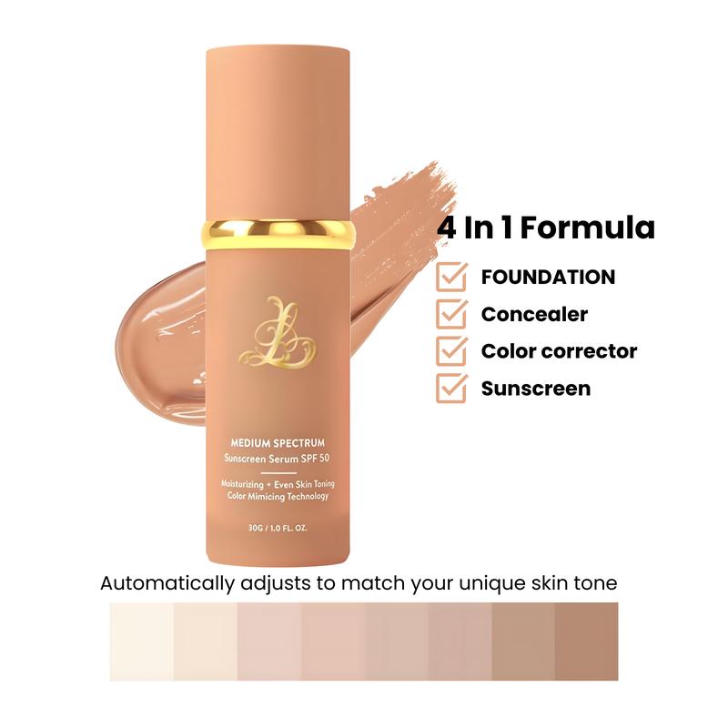 4-in-1 Foundation with SPF 50+ Hydrating, Longwearing, Waterproof, Color-Changing Makeup for Full Coverage, Concealer, and Sunscreen