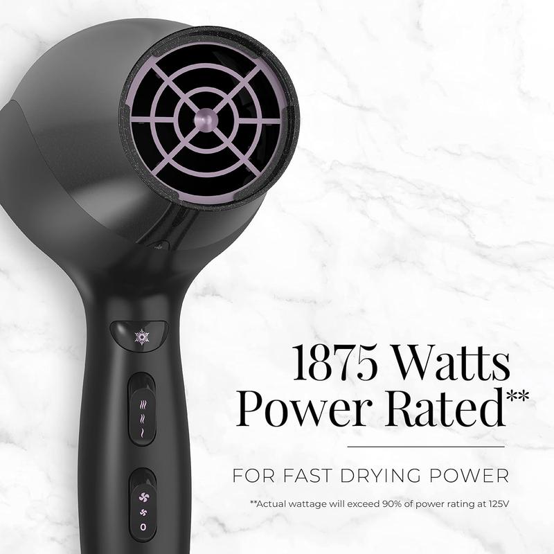 Hair Dryer, with Ceramic Ionic Tourmaline Technology, Black, Diffuser and Concentrator, 3-Piece Durable